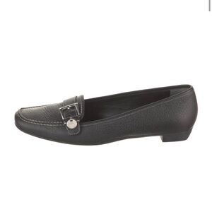 Prada Black Leather Loafers with Silver Buckle